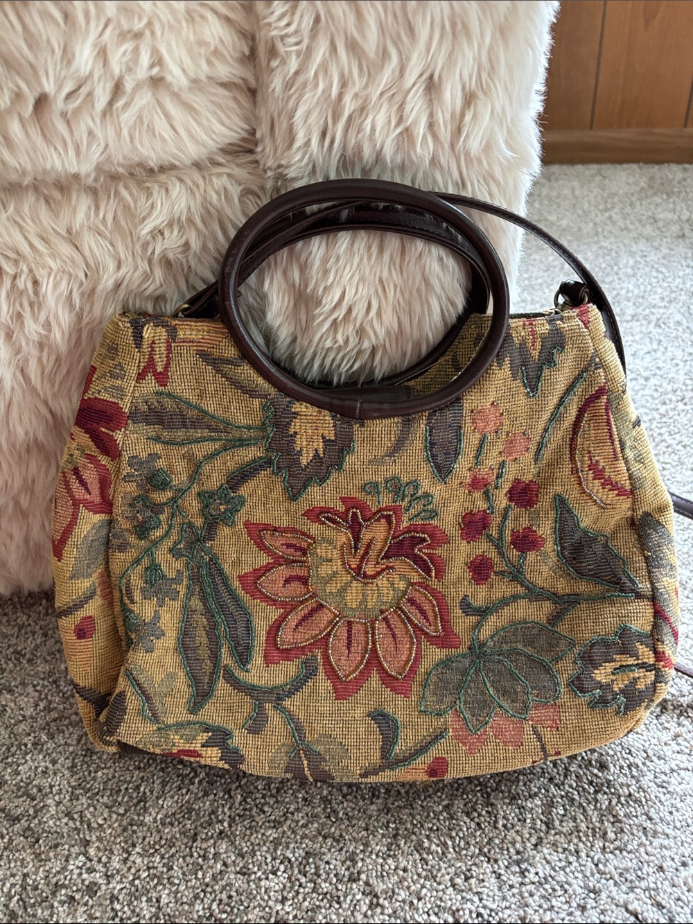 Cherokee Floral Tapestry Tote with Dark Brown Leather Handles